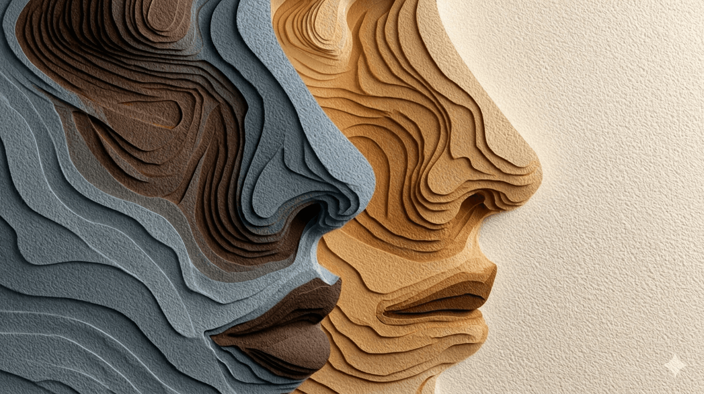 Layered paper-cut profiles representing the sedimented layers of digital identity